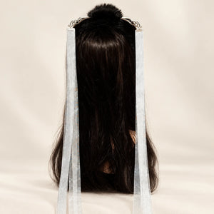 Long ribbon hairpin displayed on a wig