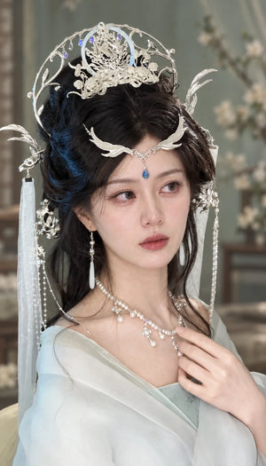 Front crown with dragon halo in a styled updo