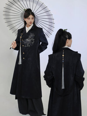 Black dragon embroidery long coat shown from the front and back, with an asymmetric button front and a long decorative tassel for unisex New Chinese style.