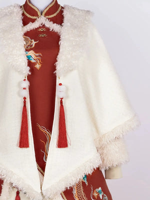 Ode to Longchun Chinese Style Long Cloak Improved Han Element New Year Red New Year's Cloak Long Sleeve Dress - Yandan_Hanfu