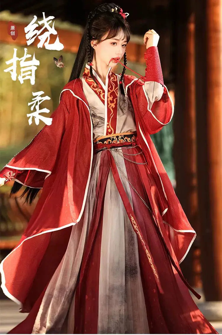 Red modern hanfu dress for women, blending traditional Song Dynasty elegance with contemporary style. Crafted from luxurious silk, this hanfu includes an optional matching coat or jacket, making it suitable for winter, casual outings, or formal occasions like graduations. Available at our online hanfu shop, offering a range of authentic hanfu for sale, this piece combines the beauty of classic Chinese clothing with modern fashion elements from top Chinese brands. Perfect for anyone looking for where to buy