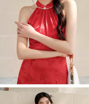 Front styling view of the Dusk Red mulberry silk halter qipao dress, with mulberry silk, halter neckline and refined red cheongsam silhouette.