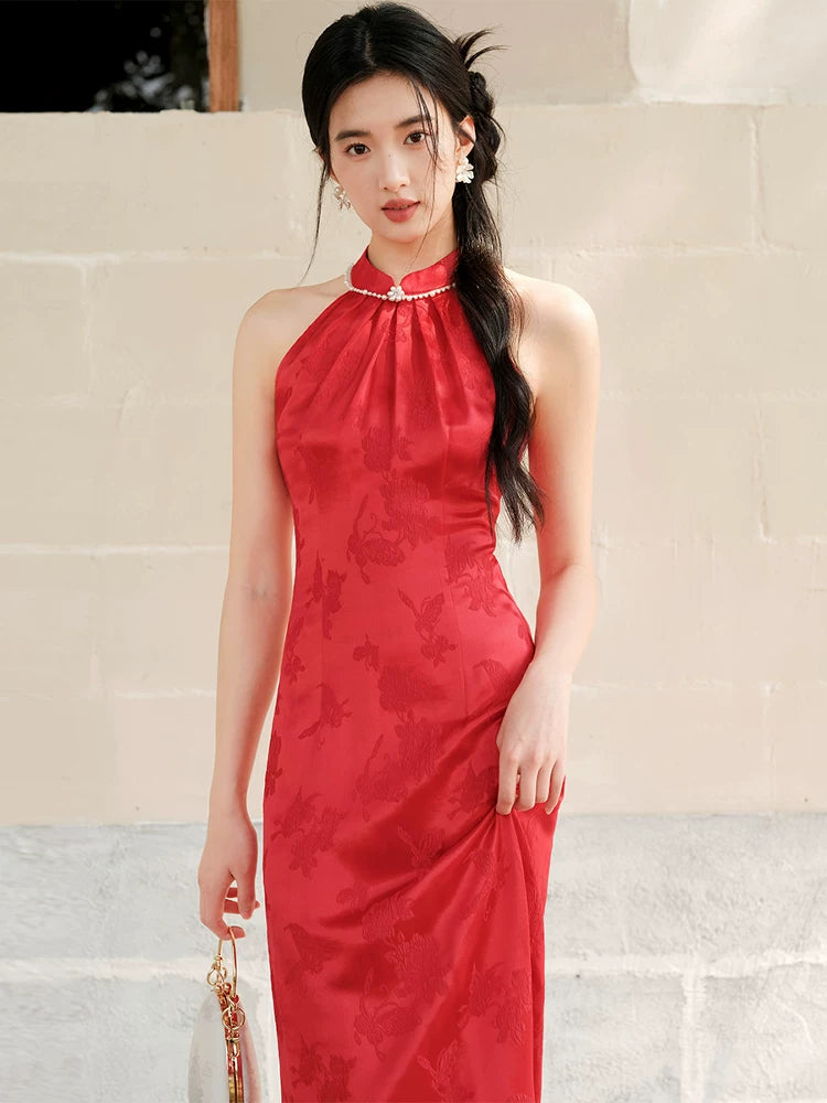 Dusk Red mulberry silk halter qipao dress shown as a polished silk qipao dress, highlighting mulberry silk, halter neckline and refined red cheongsam silhouette.