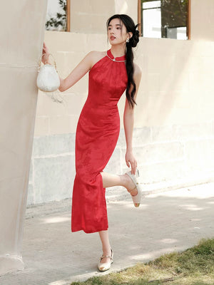 Front styling view of the Dusk Red mulberry silk halter qipao dress, with mulberry silk, halter neckline and refined red cheongsam silhouette.