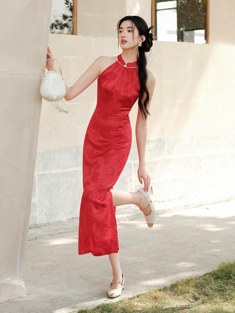 Front styling view of the Dusk Red mulberry silk halter qipao dress, with mulberry silk, halter neckline and refined red cheongsam silhouette.