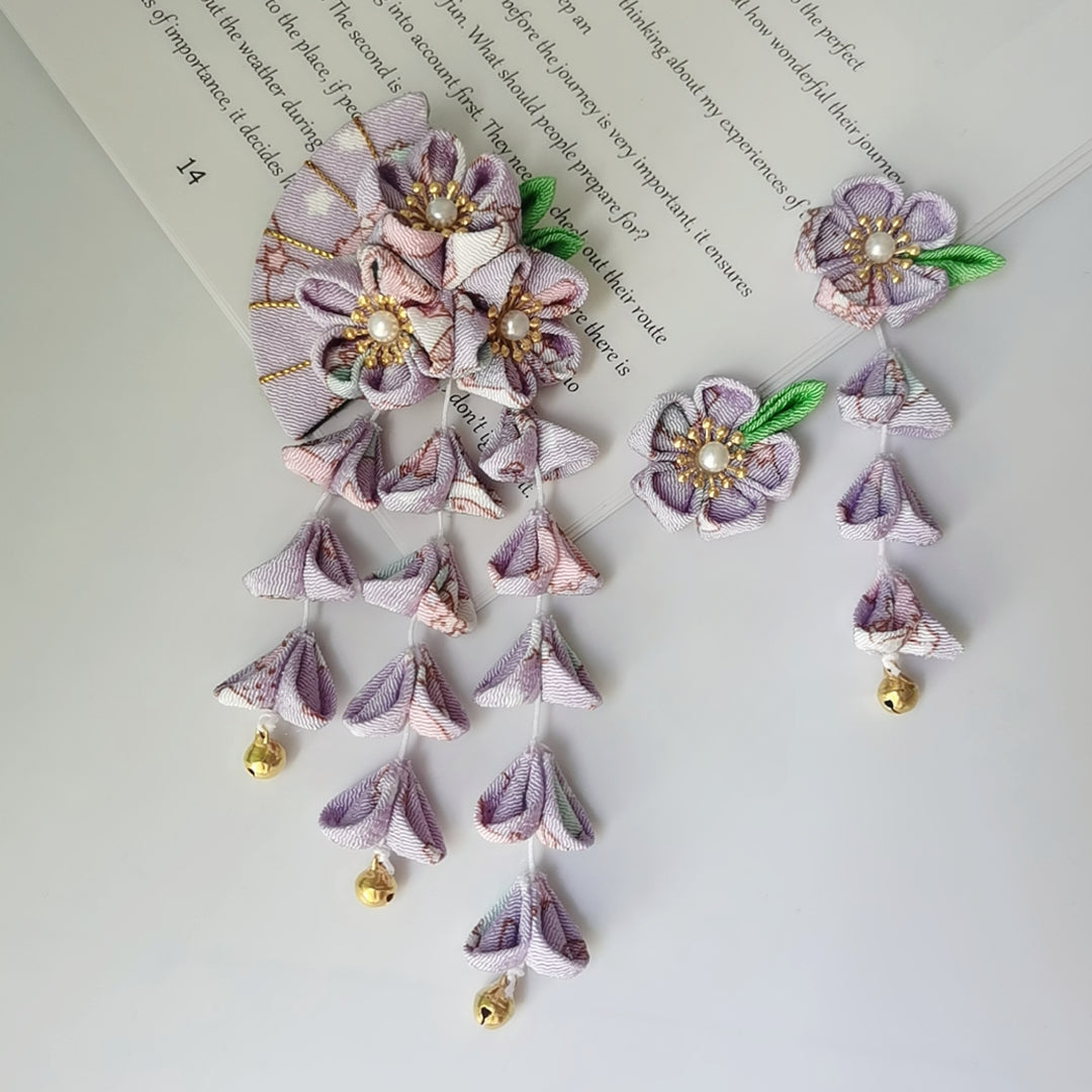 Purple floral kimono hairpin set with fan-shaped five-petal flowers and cascading tassels, ideal for Japanese bath suit styling.