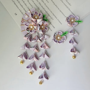 Purple floral kimono hairpin set with fan-shaped five-petal flowers and cascading tassels, ideal for Japanese bath suit styling.