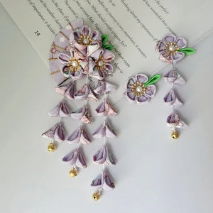 Kimono Accessories Set Fan Flower Japanese Cute Hairpin Five-petal Flower Tassel Bath Suit Drop Curtain Hairpin Blue Pink - Yandan_Hanfu