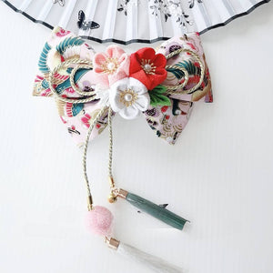 Multicolor floral Japanese kimono hairpin with red and white blossoms and green tassels, ideal for traditional or cosplay outfits.