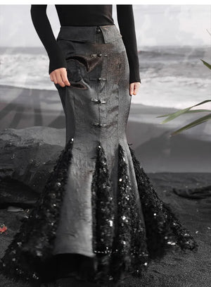 Dark fishtail skirt splicing sequined feather satin skirt - Yandan_Hanfu