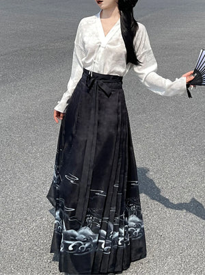 New Chinese Style | Black & White Shirt Women's Horse Face Skirt Suit - Yandan_Hanfu
