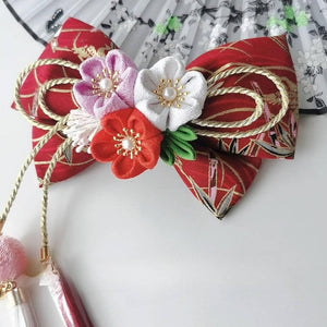 Japanese girl kimono cherry blossom hair accessories lolita orange burgundy fine work bow edge clip hairpin - Yandan_Hanfu
