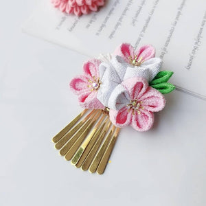 Sakura fine work hairpin 4-piece set Japanese kimono yukata with headdress Lolita pink ancient Japanese style cherry tea - Yandan_Hanfu