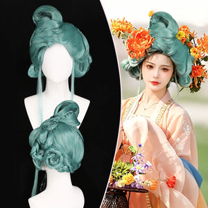 TF-007 deep teal updo wig with mannequin views and styling example