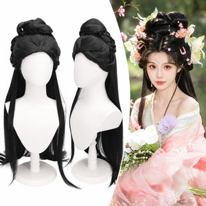 TF-011 black long half-up hair wig with mannequin views and styling example
