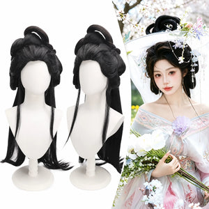 TF-012 black updo wig with mannequin views and styling example