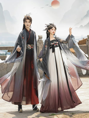 Front view of men's and women's Xuanniao gradient Hanfu outfits with flowing sleeve ribbons