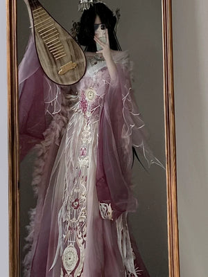 Fu Ling Wei Jin style Hanfu dress detail with heavy embroidery and traditional Chinese costume silhouette