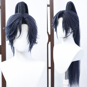 Fu Rong dark indigo ponytail wig, front and side views
