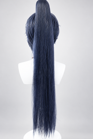 Fu Rong dark indigo long ponytail wig, back view