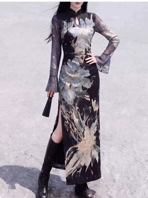 Full-length black floral cheongsam with teardrop neckline