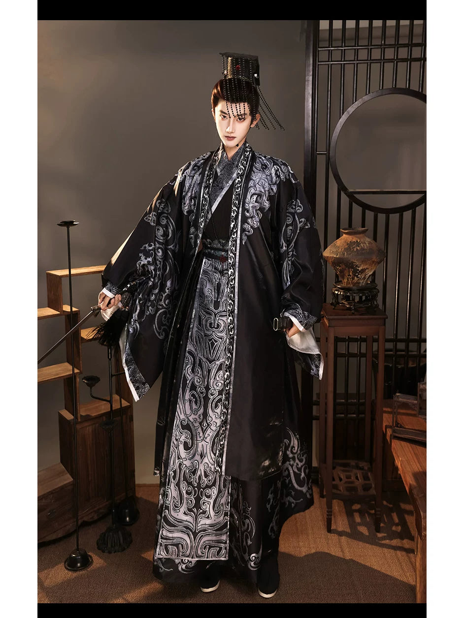 Full-length black and silver emperor Hanfu robe costume with patterned front panels and a crown