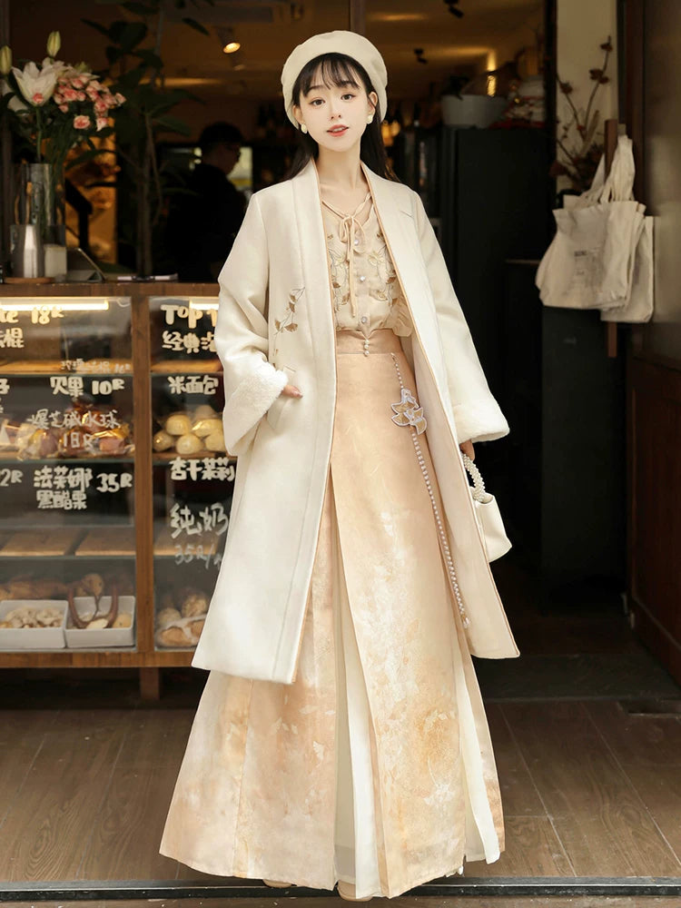 Full-length front view of the apricot modern Hanfu coat, floral blouse and long skirt