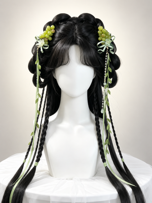 Pair of green grape hair clips with pale green ribbon streamers