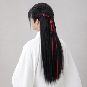 Chinese male model back view wearing black Hanfu cosplay wig with long straight back hair and red ribbon braided detail