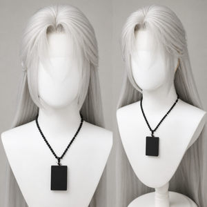 Clean studio product image of silver-white ancient Hanfu cosplay wig with side-part bangs and long back hair