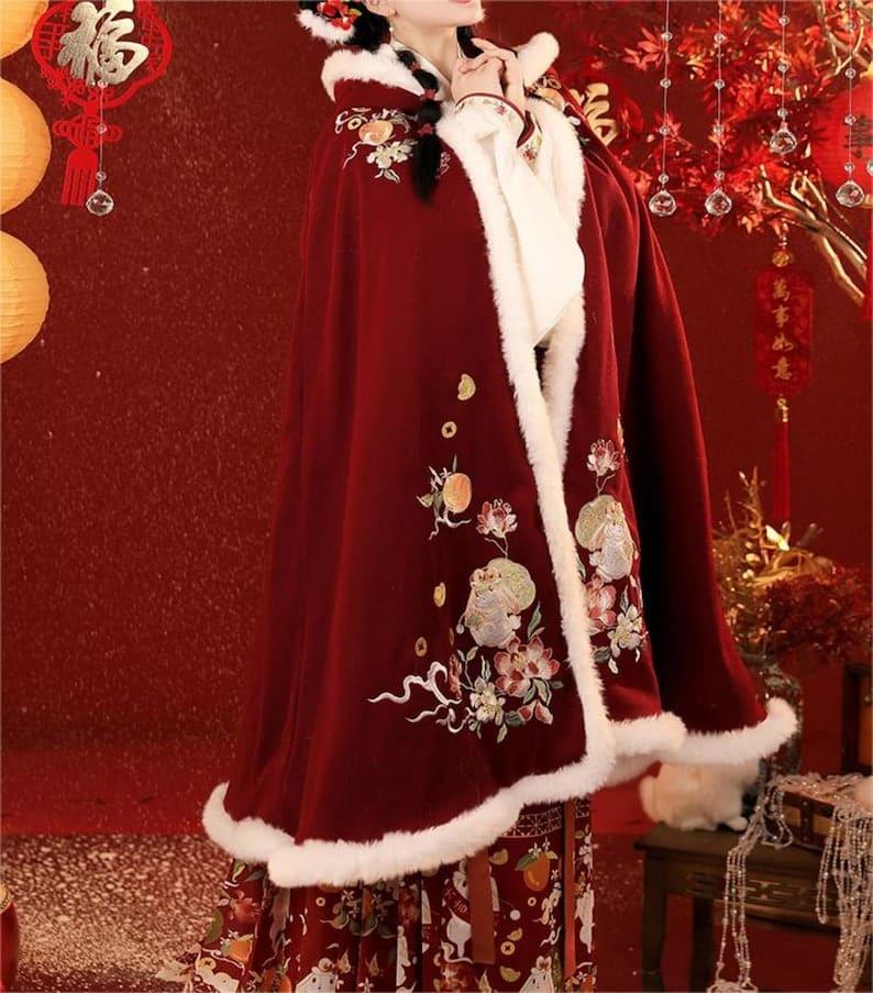 Cute Rabbit Flower Embroidery Hanfu Cloak, Women's Velvet Hooded Cape With Fur-Collared, Autumn Winter Cloak, Soft Cozy Coat, Gifts For Her - Yandan_Hanfu