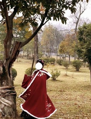 Cute Rabbit Flower Embroidery Hanfu Cloak, Women's Velvet Hooded Cape With Fur-Collared, Autumn Winter Cloak, Soft Cozy Coat, Gifts For Her - Yandan_Hanfu