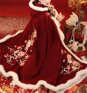Cute Rabbit Flower Embroidery Hanfu Cloak, Women's Velvet Hooded Cape With Fur-Collared, Autumn Winter Cloak, Soft Cozy Coat, Gifts For Her - Yandan_Hanfu