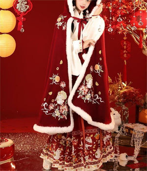 Cute Rabbit Flower Embroidery Hanfu Cloak, Women's Velvet Hooded Cape With Fur-Collared, Autumn Winter Cloak, Soft Cozy Coat, Gifts For Her - Yandan_Hanfu