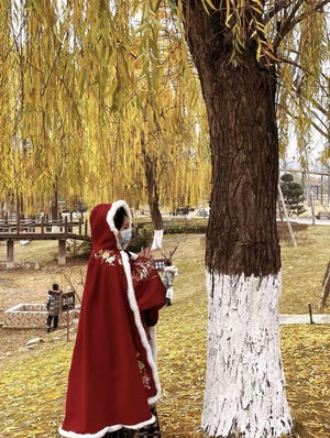 Cute Rabbit Flower Embroidery Hanfu Cloak, Women's Velvet Hooded Cape With Fur-Collared, Autumn Winter Cloak, Soft Cozy Coat, Gifts For Her - Yandan_Hanfu