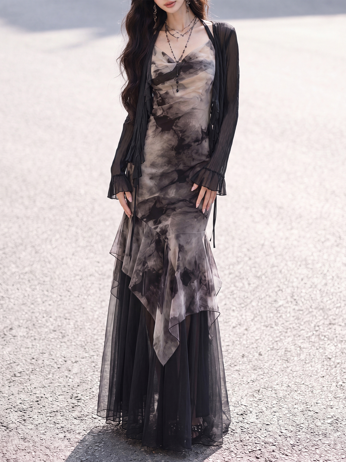 Ink print halter dress and flared-sleeve chiffon cardigan full-length styling