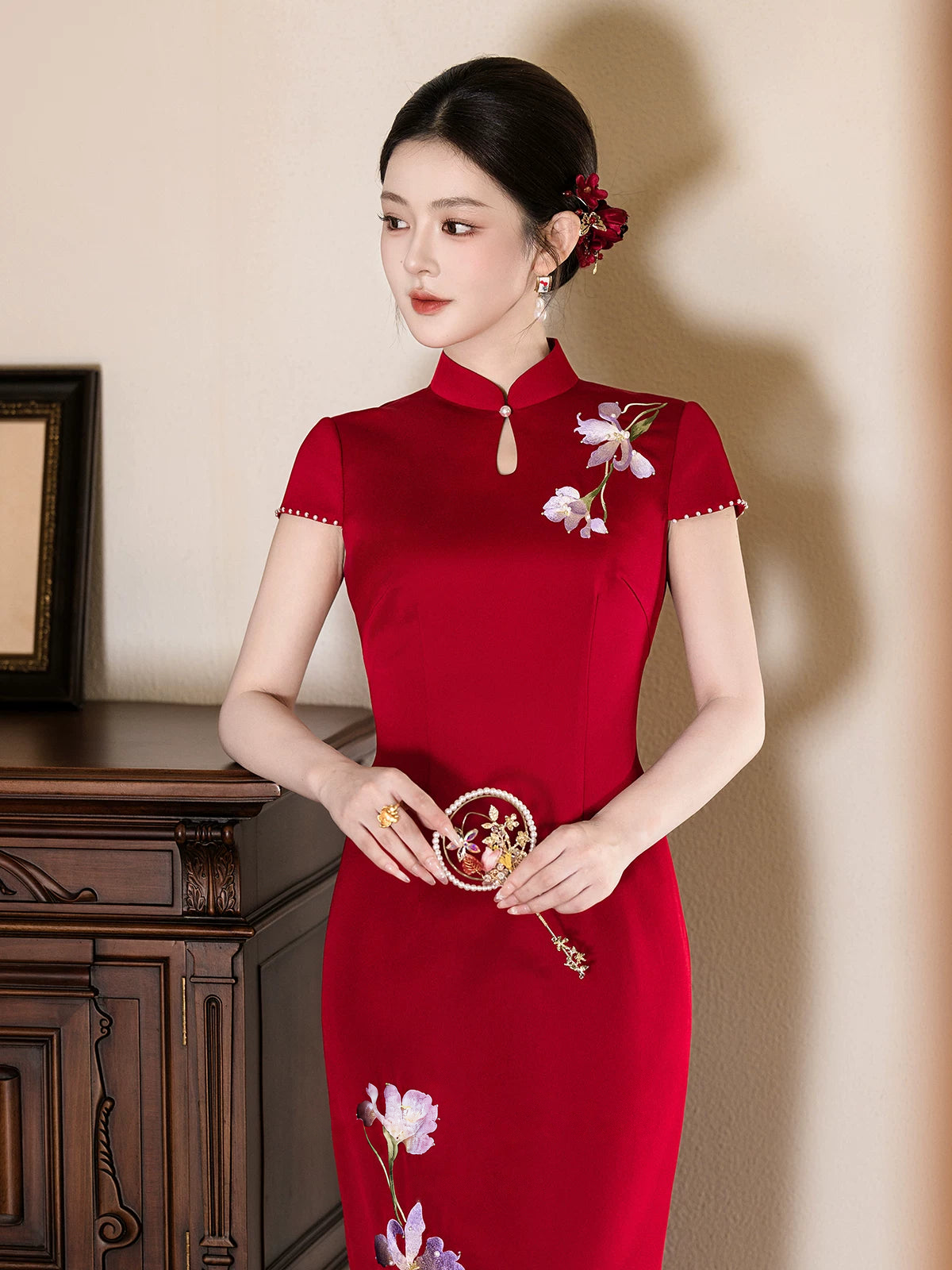 Iris Red Bridal Cheongsam on the original model
