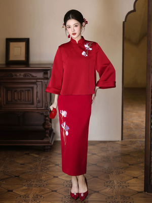 Iris Red Bridal Cheongsam jacket and dress set on the original model