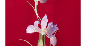 Lavender iris embroidery on red dress fabric