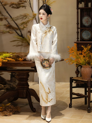 Ivory & Gold Bamboo Bridal Jacket & Skirt Set on the original model