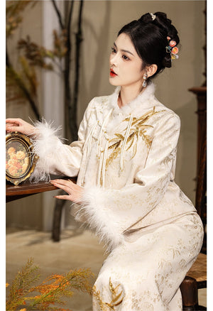 Ivory & Gold Bamboo Bridal Jacket & Skirt Set — Seated view of the jacket and skirt