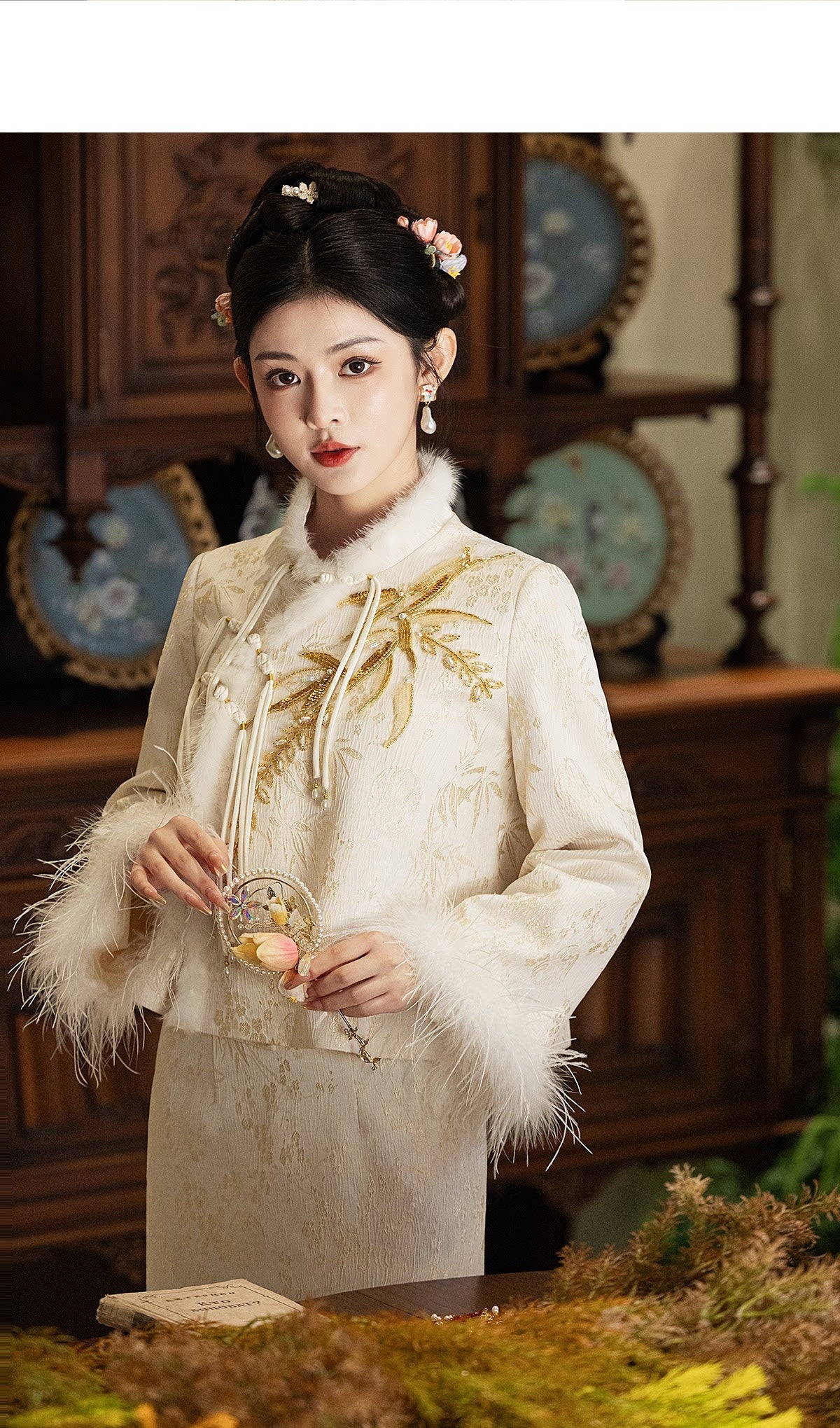 Ivory & Gold Bamboo Bridal Jacket & Skirt Set — Front portrait of the ivory and gold set