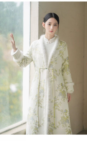 Detailed product image of the Ivory-Green woven floral wool-blend long coat, showing fabric texture, finish and craftsmanship.
