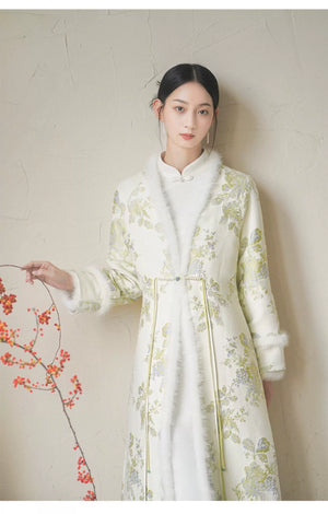 Ivory-Green woven floral wool-blend long coat shown as a polished New Chinese Style coat, highlighting woven floral pattern, wool-blend texture and elegant long-line shape.