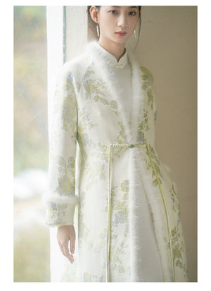 Design view of the Ivory-Green woven floral wool-blend long coat, highlighting woven floral pattern, wool-blend texture and elegant long-line shape.