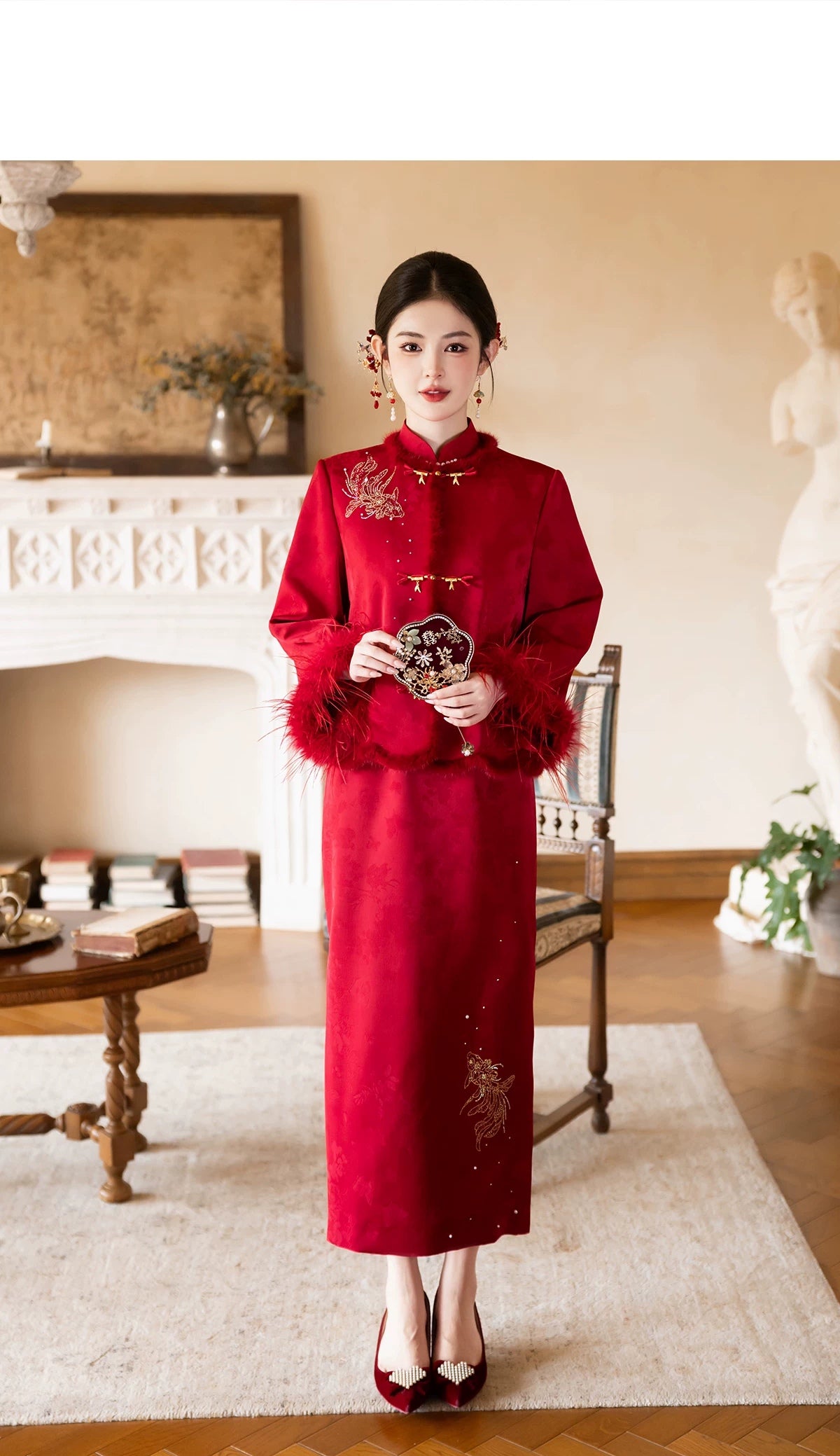 Jin An Red Bridal Cheongsam — Full-length view of the jacket and dress set