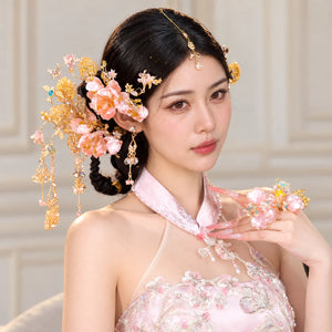 Side portrait of champagne-pink bridal hairpins