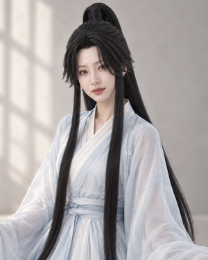 AI-generated styling preview of the lan wangji style 2 wig worn by a model with flowing Hanfu.