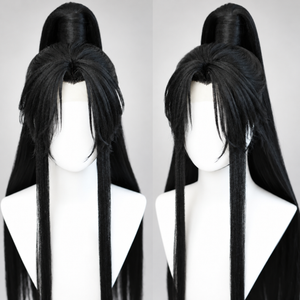 Black Lan Wangji cosplay wig, center part insert, showing fringe and raised crown