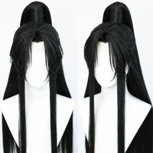 Black Lan Wangji cosplay wig, center part insert, showing fringe and raised crown